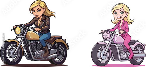 Cartoon women riding motorcycles, biker girls, female riders, motorbike, leather jacket, pink outfit, white bike, fun, style