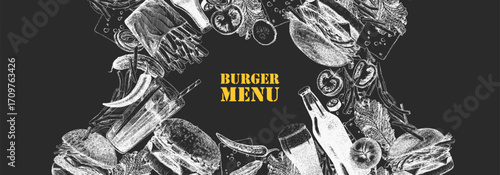 Burger Menu. Hand-drawn illustration of dishes and products. Ink. Vector	