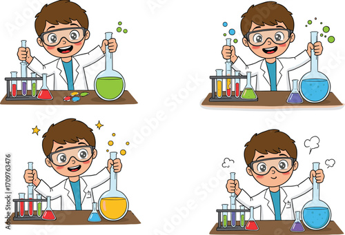 Cartoon young scientist in lab coat with goggles, conducting experiments, colorful liquids, expressive poses, animated illustration