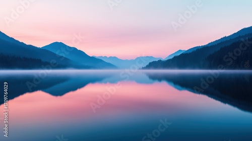 Wallpaper Mural Pastel hues reflecting on a serene mountain lake at dawn, surrounded by gentle fog and lush forest, creating a tranquil atmosphere Torontodigital.ca