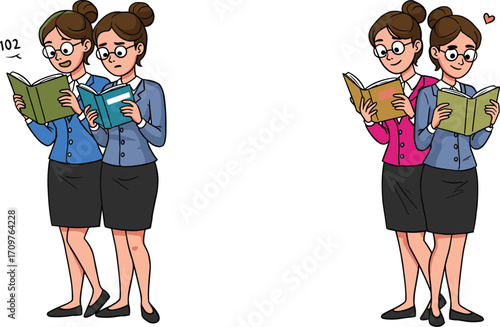 Diverse women reading books, cartoon illustration, casual and professional outfits, literary lifestyle, education concept, character design, age diversity
