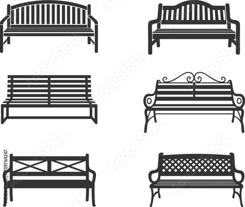 Park bench silhouettes, vector outdoor furniture icons, garden bench clipart set, public seating design, park outline art, bench illustration pack, urban furniture graphic collection