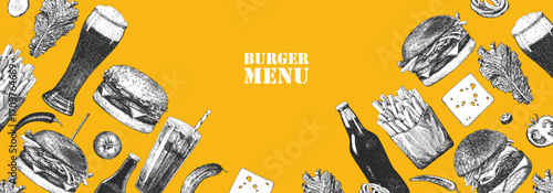 Burger Menu. Hand-drawn illustration of dishes and products. Ink. Vector	