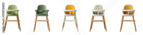 Multiple colorful high chairs for babies