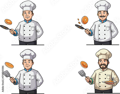 Flipping pancakes chef in purple, black, blue, and brown uniforms, cartoon culinary illustration of cooking action with frying pan, restauranteur