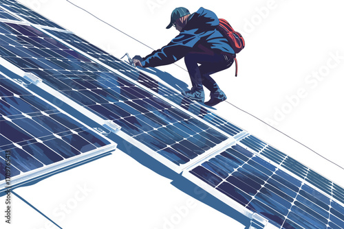 person Installing Solar Panels on House Roof safety isolated