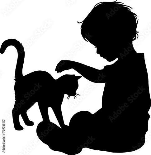 a small child sitting and joking with a cat