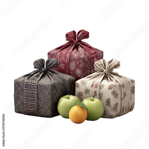 A Chuseok gift set with wrapped packages, fruits, and traditional Korean patterns