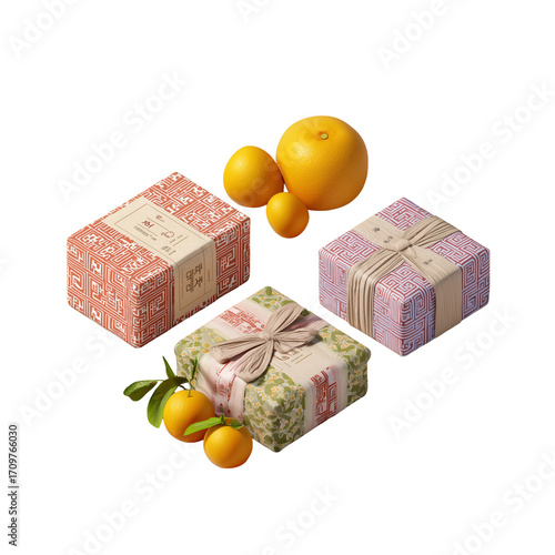 A Chuseok gift set with wrapped packages, fruits, and traditional Korean patterns