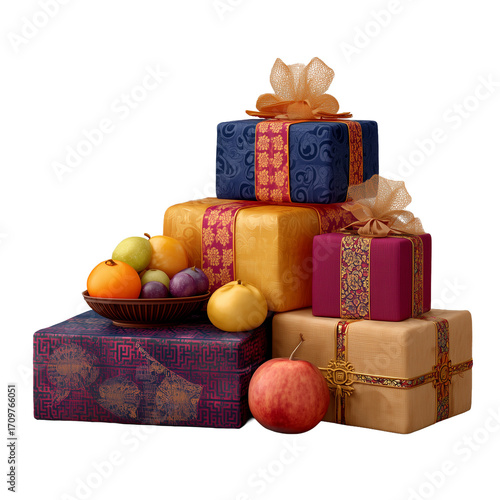 A Chuseok gift set with wrapped packages, fruits, and traditional Korean patterns