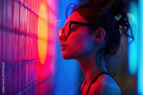 Stylish woman with glasses posing near colorful neon lights and mesh netting, creating a vibrant and futuristic atmosphere