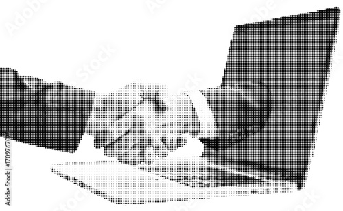 Black and white halftone vector of business handshake through laptop symbolizing online partnership, teamwork, digital communication, and remote collaboration.