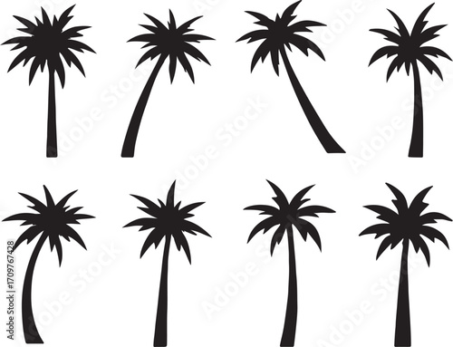 PrintCollection of eight black silhouette palm trees on a white background