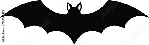 Black silhouette of flying bat icon with wings spread, perfect for Halloween decorations, spooky designs, scary themes, and horror graphics