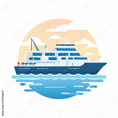 Flat design illustration of a large passenger vessel cruising across calm blue waters under a serene sky, symbolizing travel and adventure