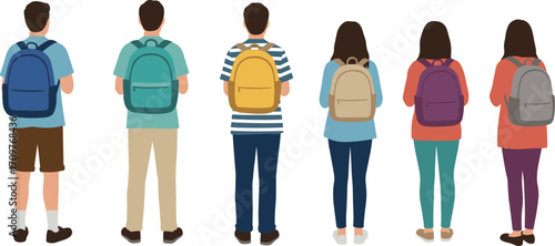 Back View of Diverse Students with Backpacks Standing Isolated on White Background – School, College, or Education Concept
