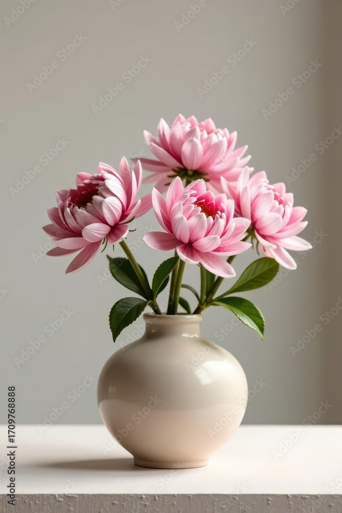 Obraz premium Elegant pink chrysanthemum ikebana arrangement, minimalist Japanese style , event decor, pink flowers