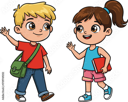 Cartoon boy and girl waving, smiling with school bag and book, kids greeting each other, colorful vector for education design