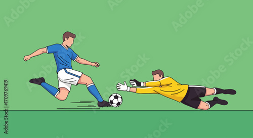 17 Sept 2025 imIn a tense one-on-one moment, a striker shoots for the goal as the goalkeeper makes a desperate, full-stretch dive to block the shot