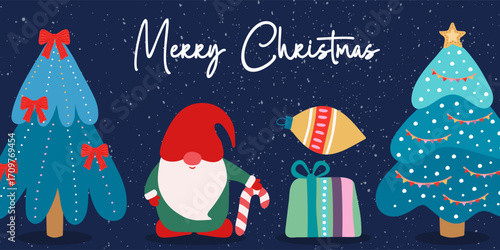 Festive gnome with candy cane, fir trees, gift and decoration. Festive idea for Christmas greeting card or banner. Winter fairy tale concept.