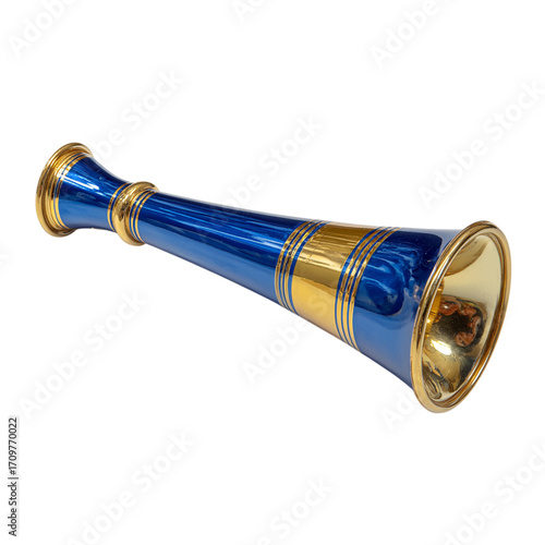 Vibrant blue and gold ceremonial horn ready to announce celebrations, fan excitement, or signal important events with a bold, resonant sound
