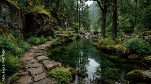 Tranquil forest path alongside crystal clear emerald stream winding through mossy rocks and lush greenery