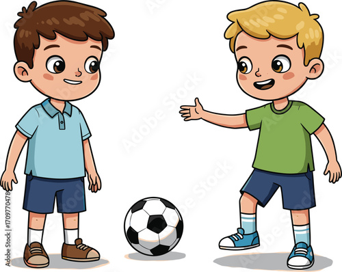Cartoon two boys standing with soccer ball, smiling and playing together, children activity concept, colorful vector illustration for kids design