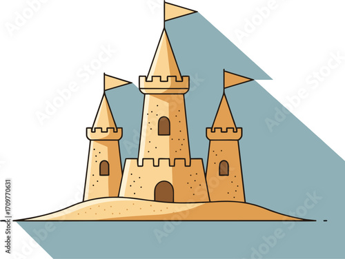 Detailed Vector Illustration of Majestic Sandcastle with Multiple Towers and Flags on Sandy Beach, Soft Shadows and Blue Sky Background