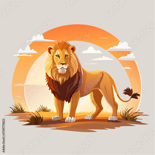 3D Löwe in Savanne, stehende Pose, Sonnenuntergang, fotorealistisch, detailliertes Fell