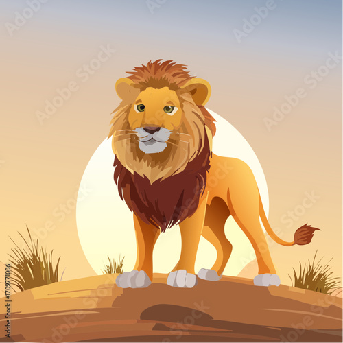 3D Löwe in Savanne, stehende Pose, Sonnenuntergang, fotorealistisch, detailliertes Fell