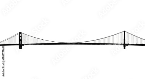 Iconic suspension bridge against a stark white background, symbolizing connection and engineering marvel.