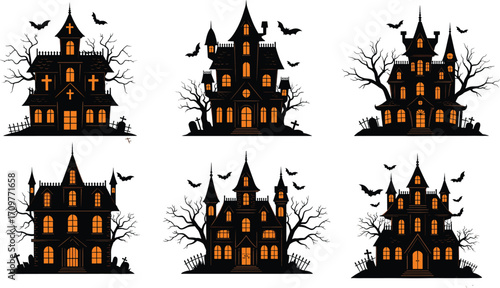 Collection of six spooky haunted houses with bats, dead trees, glowing windows, graveyard elements, Halloween decorations, and eerie night atmosphere