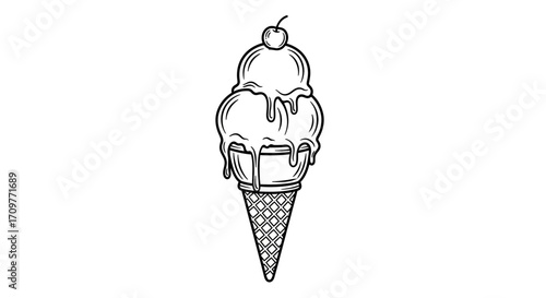 Classic double scoop ice cream cone with cherry on top, hand drawn style