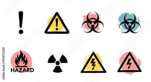 Collection of hazard warning symbols and icons.