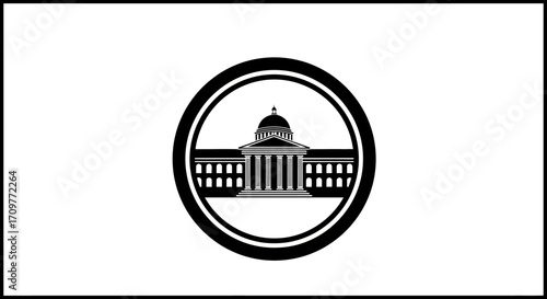 Iconic government building silhouette within a circular frame, symbolizing authority and civic life.