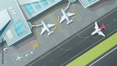 Airplanes at airport terminal view from above