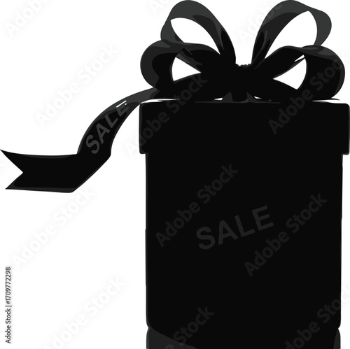 Black gift box with sale ribbon and bow, perfect for discount promotions, holiday marketing, and retail campaign advertising visuals.
