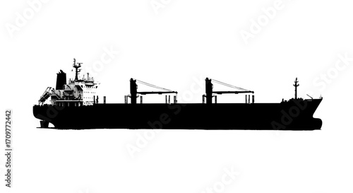 Silhouette of a large cargo ship sailing across the ocean, symbolizing global trade and transportation.