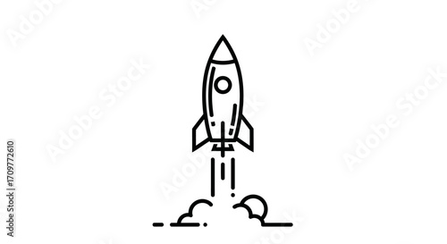 Simple line art illustration of a rocket launching into space with smoke trails.