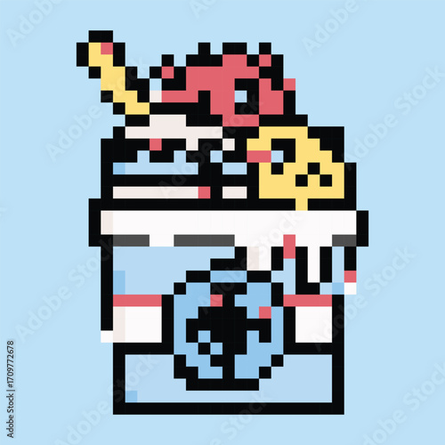 Pixel art vector themed summer with beach, sun, and fun activities elements.Pixel art vector themed summer with beach, sun, and fun activities elements.