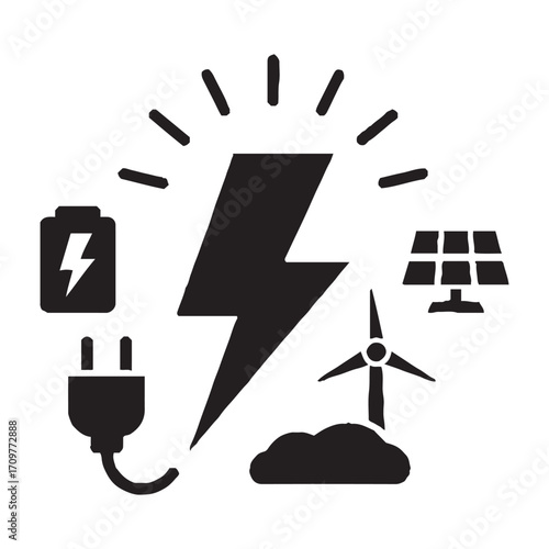 Black icons of renewable energy sources and electricity