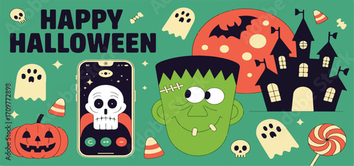 Halloween themed graphic with spooky decorations