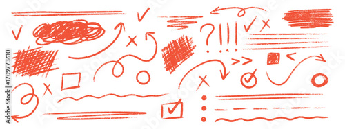 Hand drawn line elements with pencil crayon and chalk brush textures for sketchy design or annotation purposes. Red doodle markings with arrows and circles, checkmarks, underlines and scribbles.
