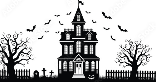 Creepy haunted house silhouette with flying bats, spooky trees, graveyard, and Halloween pumpkins in eerie night scene illustration vector.