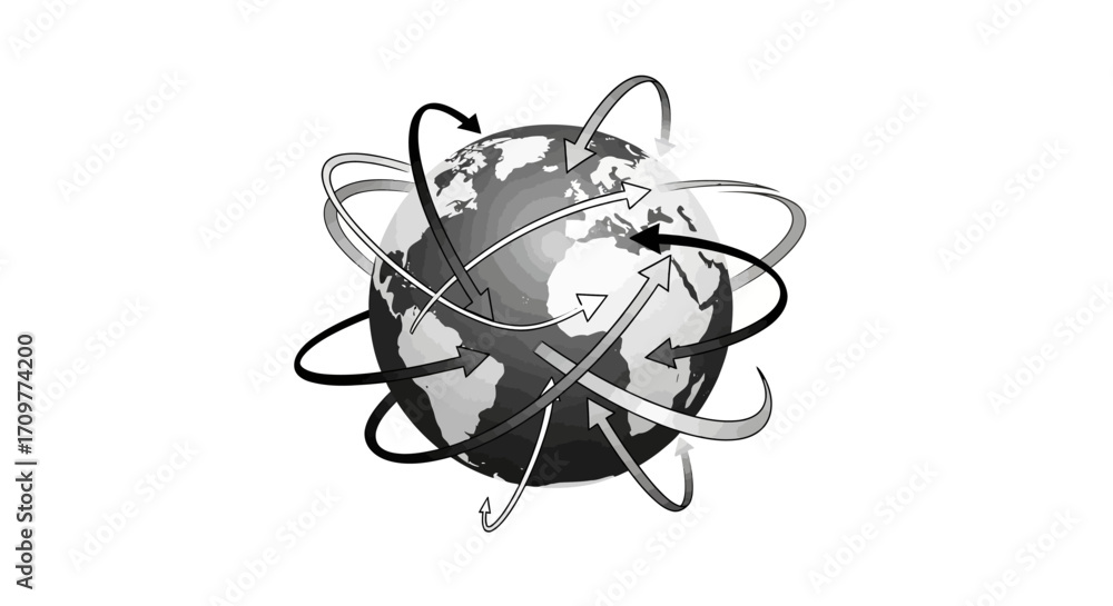 Global network of interconnected arrows circling the Earth, symbolizing worldwide connection and communication. Global network of interconnected arrows circling the Earth, symbolizing worldwide connection and communication.