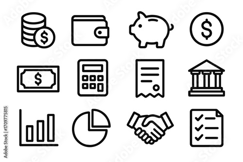 Finance linear icon set. featuring coins, wallet, piggy bank, currency, bill, calculator, contract, bank, chart, handshake