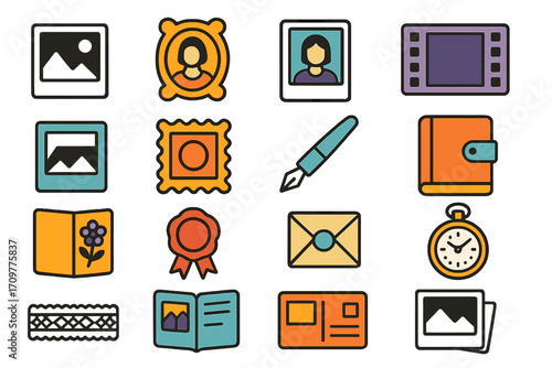 Photography and writing flat icons set. featuring image, portrait, pen, envelope, journal, and stamp icons