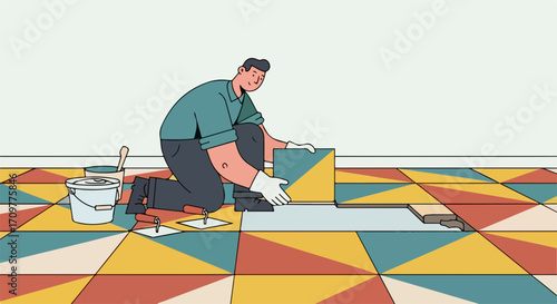 Floor repair in progress with craftsman installing colorful tiles carefully. Floor repair project requires careful attention for perfect alignment and finishing,