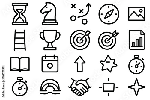 Business success linear icon set. featuring trophies, targets, chess, strategy, compass, analytics, and time symbols