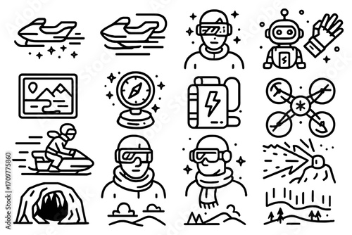 Winter adventure linear icon set. featuring bobsleigh, robot, glove, map, compass, battery, drone, snowmobile, helmet, scarf